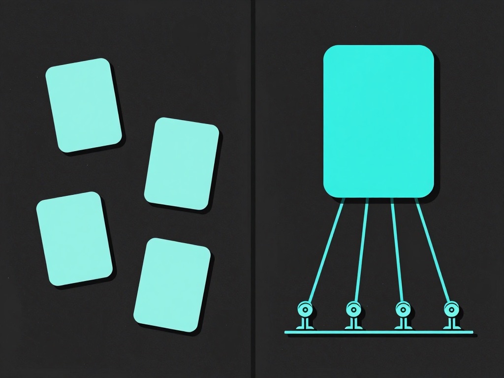 Two panels: on the left four separate rule cards lying at different angles with no connections between them; on the right a single rule card linked by straight lines to four gate mechanisms standing in a row